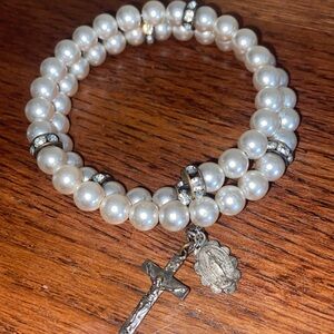 Vintage 90s Glass Pearls & Religious Charms Wrap Bracelet